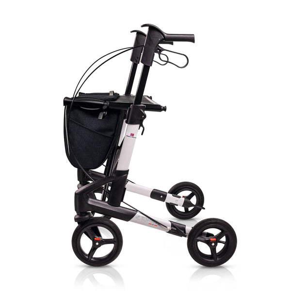 Topro Troja 5G Premium four-wheel rollator with black handles and mesh storage bag, front view.