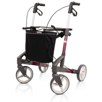 Topro Troja Original Rollator with four wheels, hand brakes and a front black storage bag, lightweight design, front view.