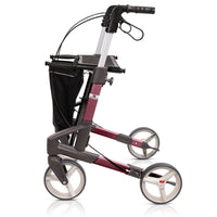 Topro Troja Original Rollator with four large wheels, ergonomic handles and black storage bag, side view.