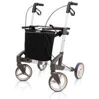 Topro Troja Original Rollator lightweight foldable walker with four wheels, hand brakes and front bag, front view.