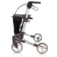 Topro Troja Original Rollator, lightweight foldable walker with four large wheels and mesh basket, side view.