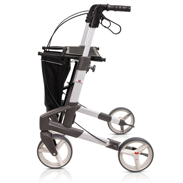 Topro Troja Original Rollator, lightweight foldable walker with four large wheels and mesh basket, side view.