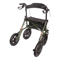 Drive Torro Outdoor Adventurer rollator with large tyres, adjustable handles, hand brakes, seat and backrest, side view.