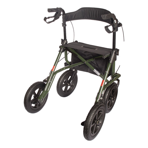 Drive Torro Outdoor Adventurer rollator with large tyres, adjustable handles, hand brakes, seat and backrest, side view.