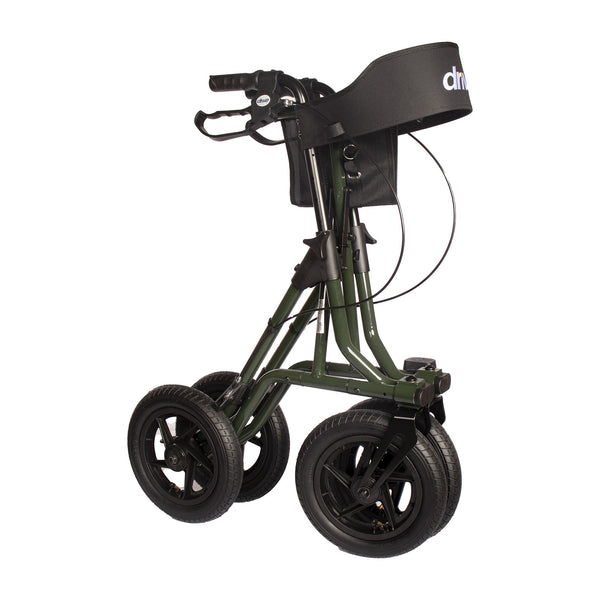 Drive Torro Outdoor Adventurer Rollator with large tyres, adjustable handles and folding frame, side view.