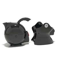 Pair of Uccello Kettle by Uccello Designs with ergonomic handles and distinctive shapes on a white background, front view.