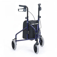 Drive Ultralight Aluminium Triwalker with hand brakes, large wheels and storage bag, side view.