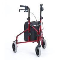 3-wheel aluminium walker with black handles, front brake and storage pouch, front view.