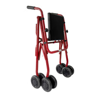 Uniscan Cadet Rollator, lightweight folding walker with four double wheels, front view.