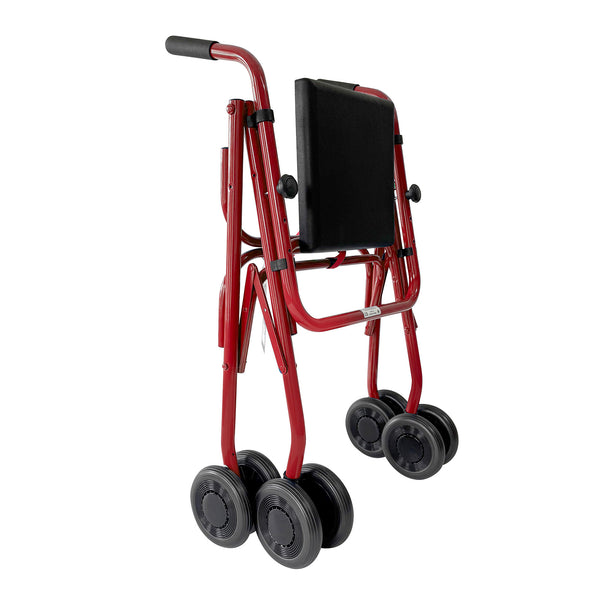 Uniscan Cadet Rollator, lightweight folding walker with four double wheels, front view.