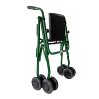 Uniscan Cadet Rollator with four large black wheels and a black seat, upright position, front view.