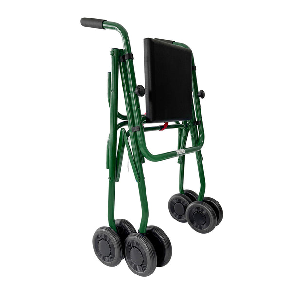 Uniscan Cadet Rollator with four large black wheels and a black seat, upright position, front view.