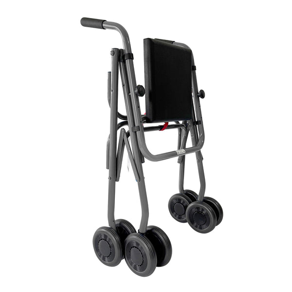 Uniscan Cadet rollator with four double wheels and black seat, lightweight and foldable design, side view.