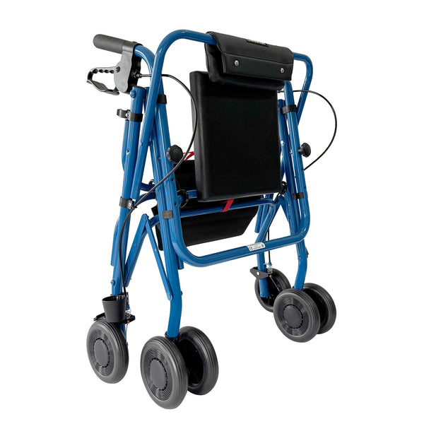 Uniscan Glider Plus Adjustable Rollator folded with four wheels and black seat, side view.