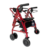 Uniscan Glider Plus Adjustable Rollator with four black wheels, padded handles, seat, folding backrest and pouch, front view.
