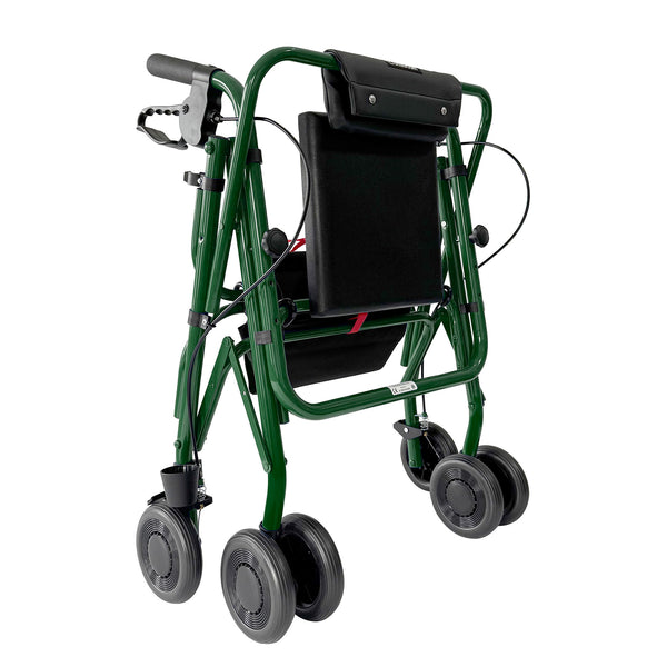 Uniscan Glider Plus Adjustable Rollator with four wheels, padded seat and folding frame, front view.