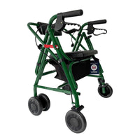Uniscan Glider Plus Adjustable Rollator with four wheels, black handles, seat and storage pouch, folded position, side view.