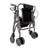 Uniscan Glider Plus Adjustable Rollator with 4 wheels, black seat and handlebars, partially collapsed, side view.