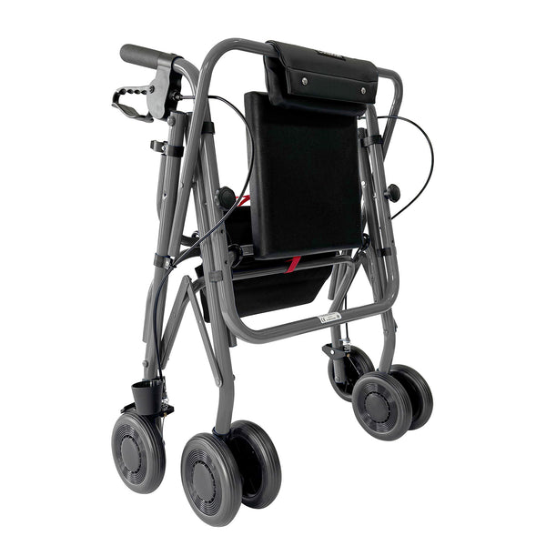 Uniscan Glider Plus Adjustable Rollator with 4 wheels, black seat and handlebars, partially collapsed, side view.