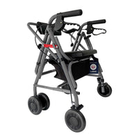 Uniscan Glider Plus adjustable rollator, foldable for storage, with 4 wheels, adjustable seat and black handles, side view.