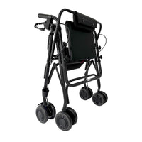 Uniscan Grand Glider Plus Rollator, lightweight with foldable frame, four double wheels and padded backrest, side view.