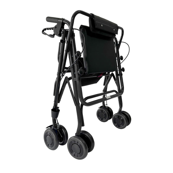 Uniscan Grand Glider Plus Rollator, lightweight with foldable frame, four double wheels and padded backrest, side view.