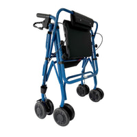 Uniscan Grand Glider Plus Rollator with four wheels, black seat and handles, shown folded compactly, side view.