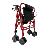 Uniscan Grand Glider Plus Rollator, foldable with four wheels and black seat, compact for storage, side view.