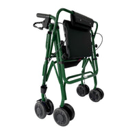 Uniscan Grand Glider Plus Rollator with four wheels, wide black seat and upright folding design, front view.
