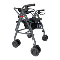 Uniscan Grand Glider Plus Rollator with four wheels, hand brakes, padded seat and black storage pouch, side view.
