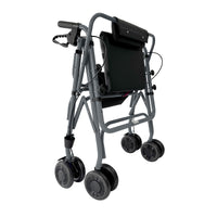 Uniscan Grand Glider Plus Rollator with four wheels, hand brakes, black seat and folding design, side view.