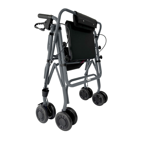 Uniscan Grand Glider Plus Rollator with four wheels, hand brakes, black seat and folding design, side view.