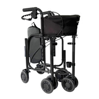 Uniscan Triumph Plus Triwalker, lightweight folding walker with four wheels, seat and storage pouch, front view.