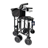 Uniscan Triumph Plus lightweight folding triwalker with four wheels, hand brakes and storage bag, side view.