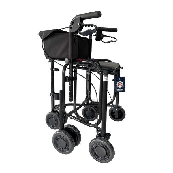 Uniscan Triumph Plus lightweight folding triwalker with four wheels, hand brakes and storage bag, side view.