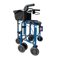 Blue Uniscan Triumph Plus Triwalker with four wheels and black pouch, white background, front angle.