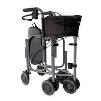 Uniscan Triumph Plus Triwalker with three wheels, black bag, padded seat and folding frame, side view.