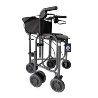 Uniscan Triumph Plus Triwalker with three wheels, hand brakes and storage pouch, folds compactly, side view.