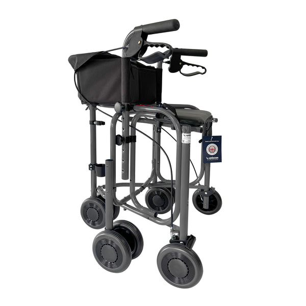 Uniscan Triumph Plus Triwalker with three wheels, hand brakes and storage pouch, folds compactly, side view.