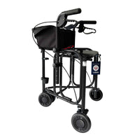 Uniscan Triumph Triwalker with four wheels, hand brakes, seat and storage pouch, side view.