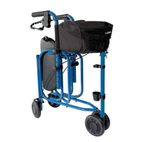 Uniscan Triumph Triwalker with lightweight folding frame, four wheels, padded seat, black bag and handbrake handles, side view.