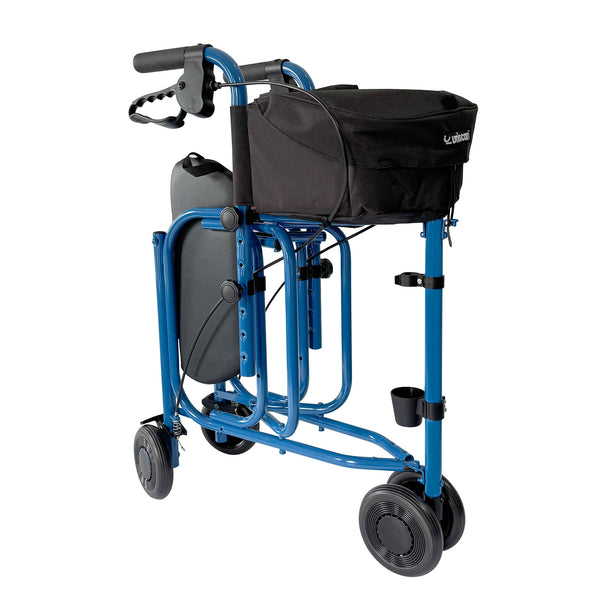 Uniscan Triumph Triwalker with lightweight folding frame, four wheels, padded seat, black bag and handbrake handles, side view.