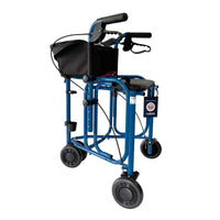Uniscan Triumph Triwalker, lightweight foldable walker with 4 wheels, black seat, handlebars and storage pouch, side view.