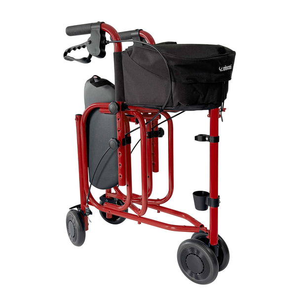 Three-wheel walker with black grips, storage bag, oxygen holder and folding frame, side view.