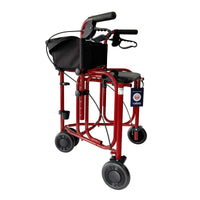Uniscan Triumph Triwalker with four wheels, black seat, handles, storage pouch and hand brakes, side view.