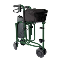 Uniscan Triumph Triwalker with four wheels, black handlebars, seat, pouch and cup holder, side view.