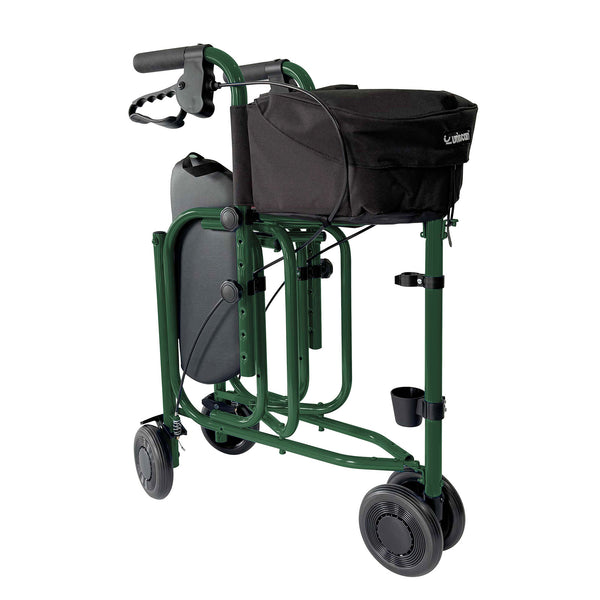 Uniscan Triumph Triwalker with four wheels, black handlebars, seat, pouch and cup holder, side view.