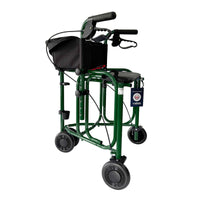 Uniscan Triumph Triwalker with folding frame, black storage bag, padded seat and hand brakes, side view.