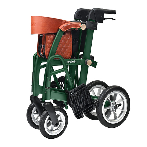Able2 Uplivin Glide 2-in-1 rollator and wheelchair, folded with four wheels and brown leather bag, white background, side view.