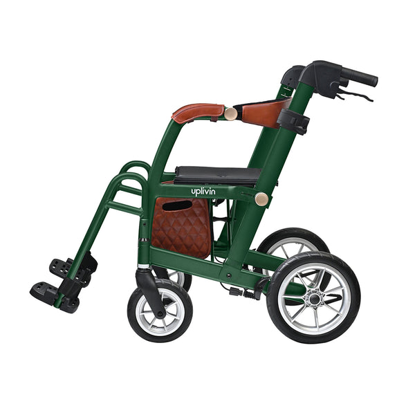 Able2 Uplivin Glide 2-in-1 rollator and wheelchair with large rear wheels and padded seat, side view.